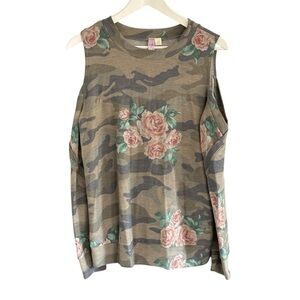 Alpha Rose Camo Womens Open Shoulder Blouse Top Size XS